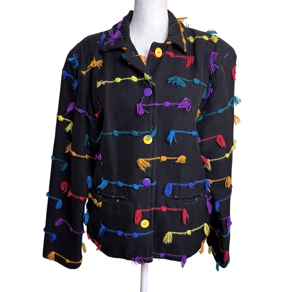 Rising Tide Handwoven‎ Jacket Womens Large Black Rainbow Tassel Fringe Guatemala